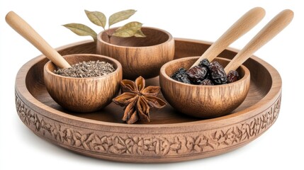 Wooden bowls contain various spices and dried fruits