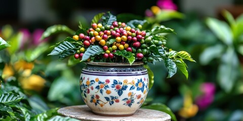 Coffee Plant With Colorful Berries In Ornate Pot