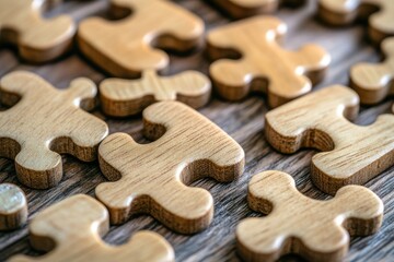 Wooden Puzzle Pieces Scattered On Dark Wood Surface