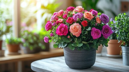 Colorful Rose Bush Blooms In A Gray Pot