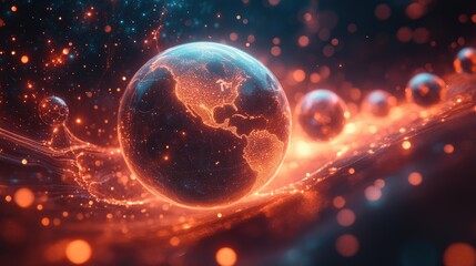 Illuminated Earth Globe Surrounded by Glowing Particles