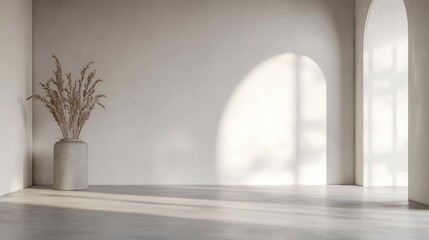 Minimalist room interior with arched window, sunlight, and dried flowers in a vase.