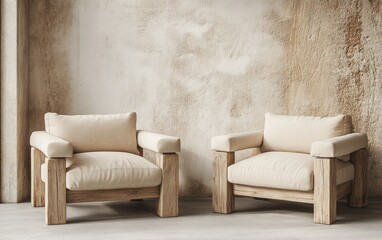 Two Beige Upholstered Armchairs Against a Textured Wall