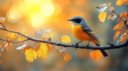 Yellow Bird Perched On Autumn Branch With Golden Leaves
