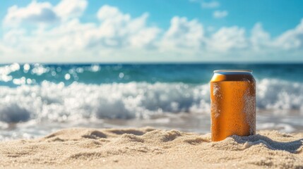 Golden can on sandy beach, ocean waves