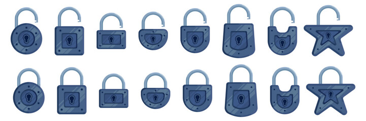 A set of illustrations of castles of different shapes in dark blue in a modern detailed style