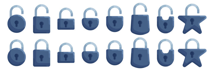 A set of illustrations of castles of different shapes in dark blue in a modern detailed style