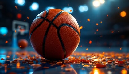 Basketball Close-up on Court with Confetti Celebratory Atmosphere Lighting