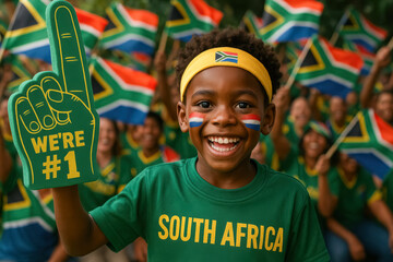 South African Boy Cheering with Face Paint and Foam Finger

