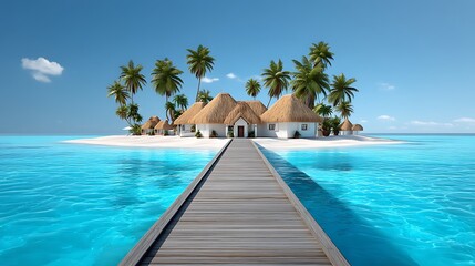 Fototapeta premium Tropical Island Paradise Wooden Dock to Luxury Bungalows.