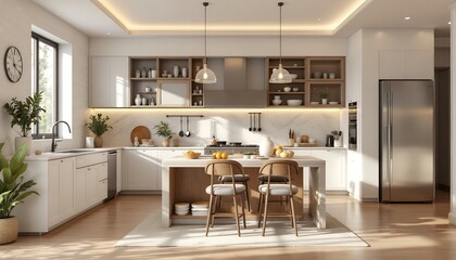 Bright Modern Kitchen Interior with Island Chairs and Plants