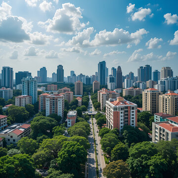 Architectural panoramic shot of Toa Payoh central skyline on a sunny day. Greenery is interspersed among the dense high rise, typically colourful, public housing buildings (HDB flats)