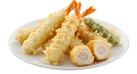 Plate of assorted tempura, including shrimp, vegetables, and fish cakes