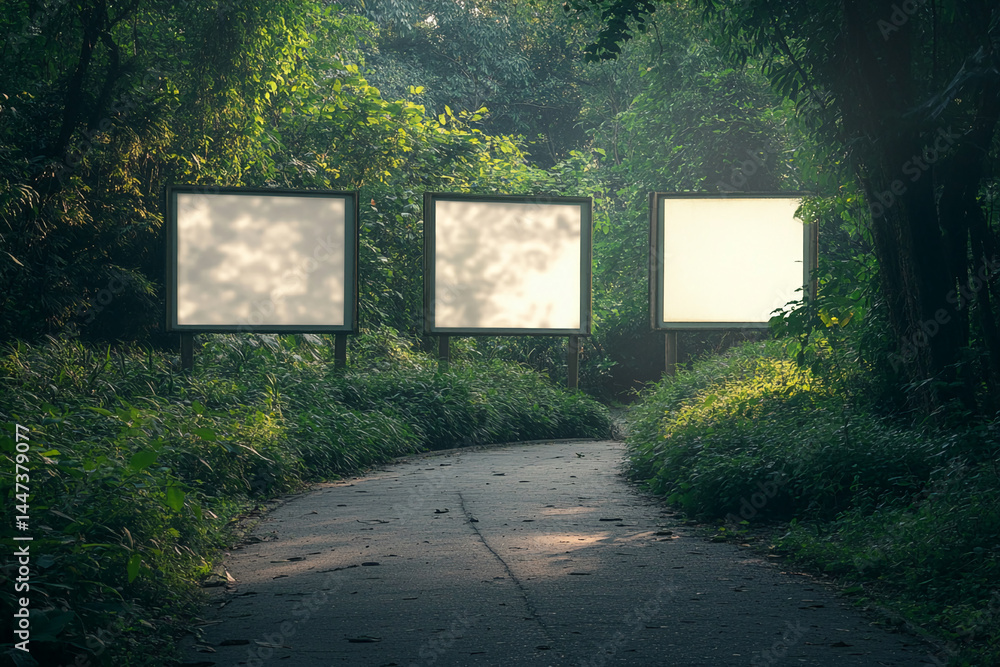 Aufkleber Three blank square signs stand along a path in a lush green forest, creating a tranquil scene perfect for advertisement or nature-related announcements