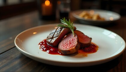 grilled duck meat with cherry sauce