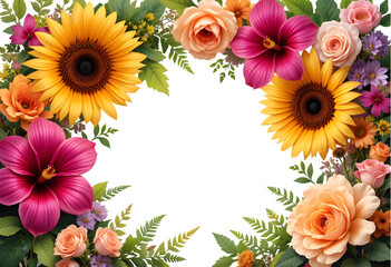 Fototapeta premium Sunflower Border Frame PNG on Transparent Background, Botanical Spring,Summer Overlay,invitation floral design, colorful flower art, floral arrangement illustration