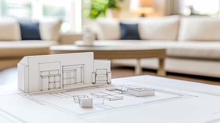 An architectural presentation sheet featuring a floor plan construction blueprint overlay and vibrant build sketch of furniture layout and finish schedules