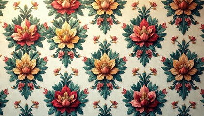 Intricate floral damask pattern in muted tones, vintage, pattern, textile