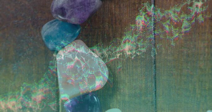 3D render crystals glowing under neon network overlay, highlighting heart-shaped rose quartz