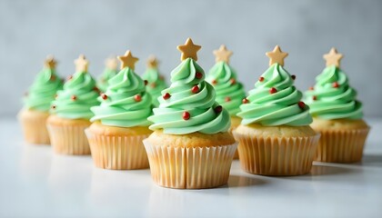 selective focus of tasty Christmas tree cupcakes in row on white surface isolated on grey