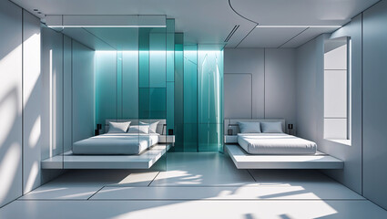 Minimalist white bedroom interior with two beds and teal glass panels design