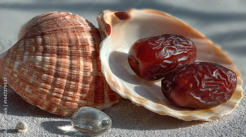 Poster shell and dates composition with natural elements on soft surface
