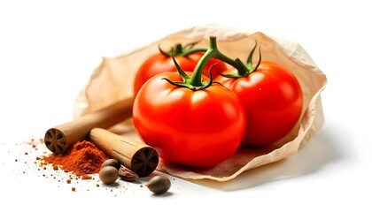 fresh tomato, herbs and spices isolated on white background