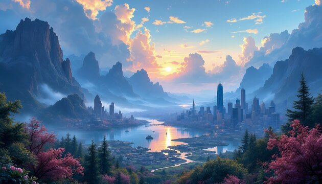 Cityscape at Sunset with Mountains and River Reflecting Golden Light