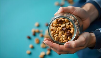 Cropped view of man holding jar of granola on blue background
