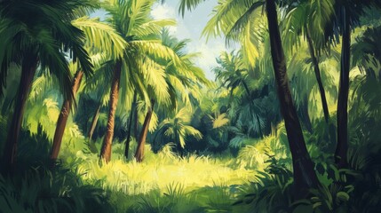 Naklejka premium Green nature scene with tall coconut trees. A quiet, peaceful place with coconut palms. 