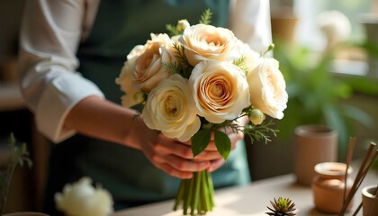 partial view of florist making bouquet of beige roses and peonies at workspace