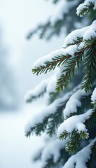 Heavy snow blankets evergreen branches, soft white backdrop , peaceful, trees, outdoors