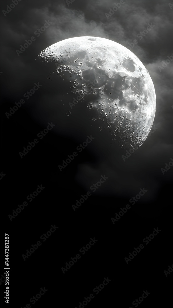 Poster a half-moon partially obscured by dark clouds its surface is textured with craters and valleys the c