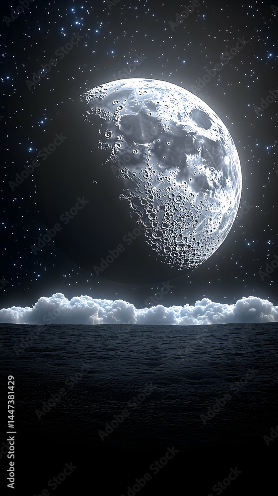 Poster a large moon dominates a night sky its craters visible below a field of clouds sits atop a dark text