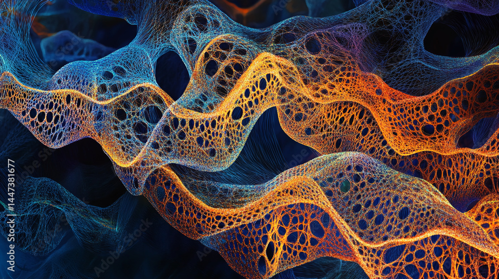 Poster Abstract image of blue and orange interwoven network, creating a dynamic and textured pattern, symbolizing connectivity and flow, ideal for technology or design concepts