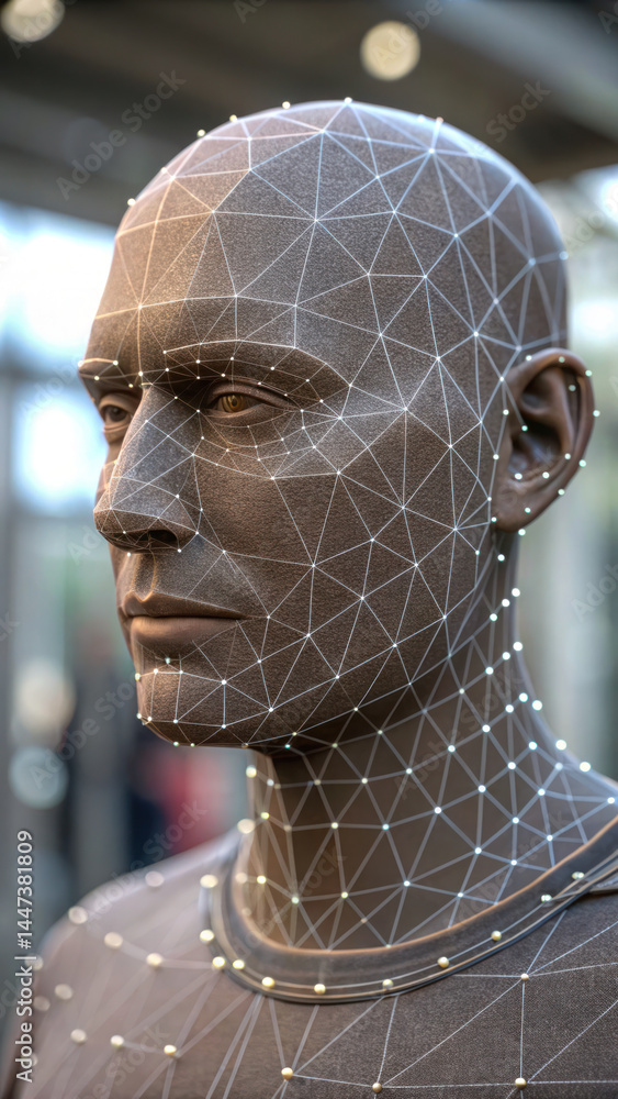 Aufkleber detailed mannequin head with geometric pattern of floating data points, showcasing blend of technolo