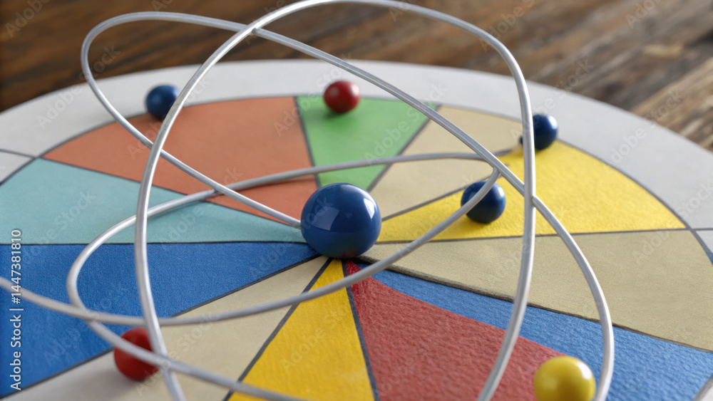 Poster atom model shifting into pie chart, showcasing various topics with colorful segments, evokes curiosi