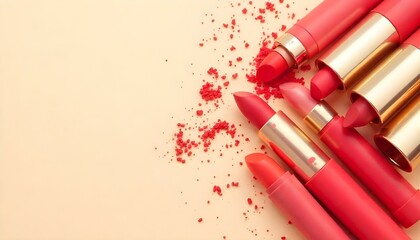 Assortment of red lipsticks in different shades scattered on a beige marble countertop, natural daylight, high-resolution, copy space below, beauty product advertisement.