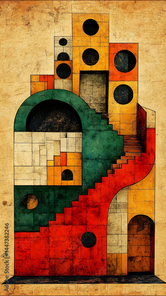 Aufkleber abstract geometric architectural illustration featuring a multi-level structure with stairs arches a