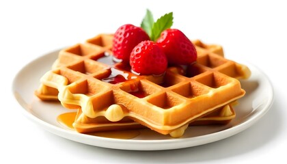 viennese waffles with strawberry and sweet syrup isolated on white background
