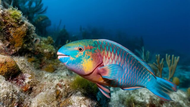 A stunning parrotfish glides gracefully through vibrant coral reefs, highlighting the breathtaking beauty of marine life and the importance of ocean conservation in a delicate ecosystem.