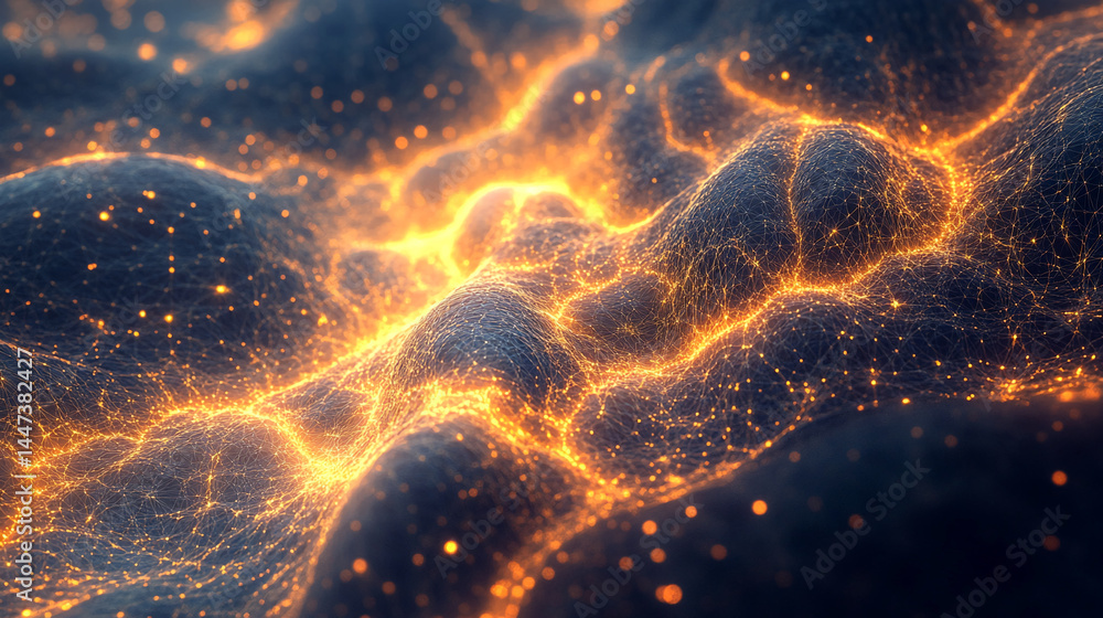 Poster abstract image of glowing orange network on dark background, resembling energy flow or neural networ