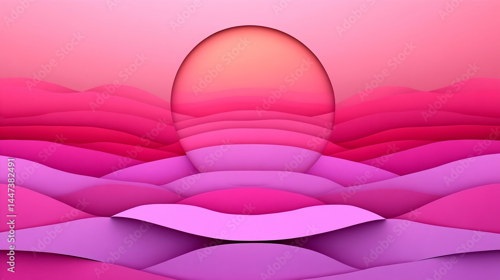 Poster abstract pink and purple layered waves with a central round lighter element the design mimics a suns