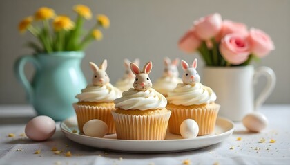 Selective focus of cupcakes with decorative bunnies, sugar bowl, easter cakes and vase with flowers