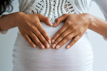 THE white background showcases the close up of the womans hands forming the heart shape on her belly, emphasizing adorable  concept of health care   