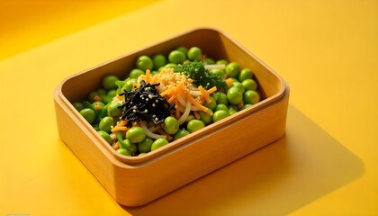 panoramic shot of lunch box with salad on yellow background