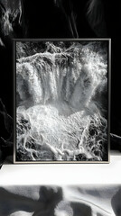 Black and white photo of a powerful waterfall cascading down a rocky terrain.  Water appears as textured lines, creating a dramatic visual
