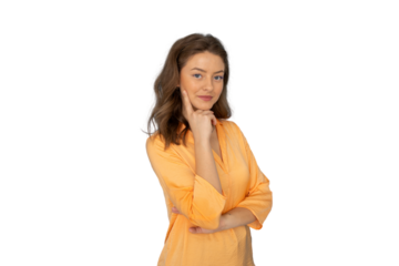 Contemplative female resting hand on chin, arms crossed, positioned against transparent backdrop