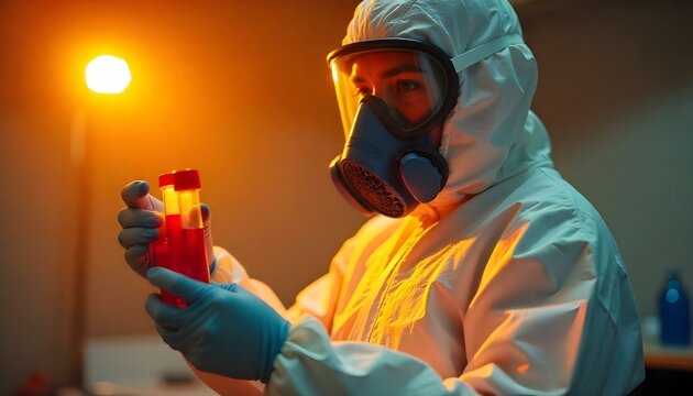 cropped view of epidemiologist in hazmat suit and respirator mask holding test tubes with blood