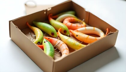 hard silicone lures in a box isolated on white